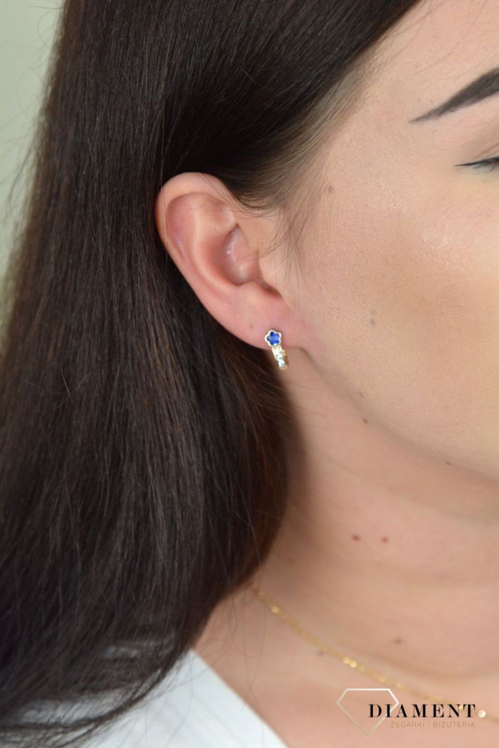 Złote kolczyki dla dziewczynki niebieskie kwiatki z cyrkonią KL 9826.jpg